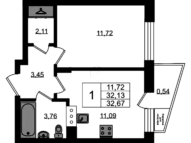 1-комнатная квартира 32.67 м², 9/11 эт., ЖК «VEREN NORT Сертолово»